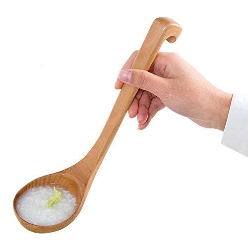 LUCKSTAR Natural Wooden Spoon - Wood Large Soup Ladle Kitchen Tool with Hook Natural Wooden Tableware Kitchenware Porridge Spoon Soup Spoon Bamboo Kitchen dinnerware Tools (Set of 2)