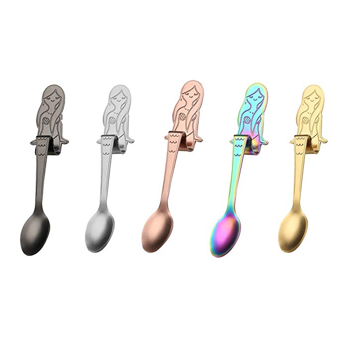 5 Pcs Stainless Steel Mermaid Hanging Coffee Spoon Tea Soup Sugar Dessert Appetizer Seasoning Bistro Spoon Hanging Cup Spoon