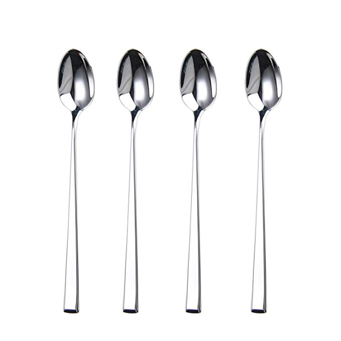 HISSF Jan 7.28-Inch Long Handle Iced Tea Spoon, Ice Cream Spoon, Coffee Spoon, Dessert Spoon, Milkshake Spoon, Stainless Steel Cocktail Stirring Spoon Set of 4