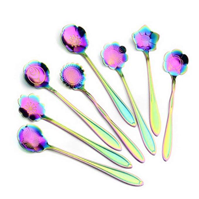 Koolemon 8Pcs/Lot Stainless Steel Tableware Rainbow Flower Coffee Spoon,Stirring Sugar Spoon,Stir Bar Spoon,Tea Spoon