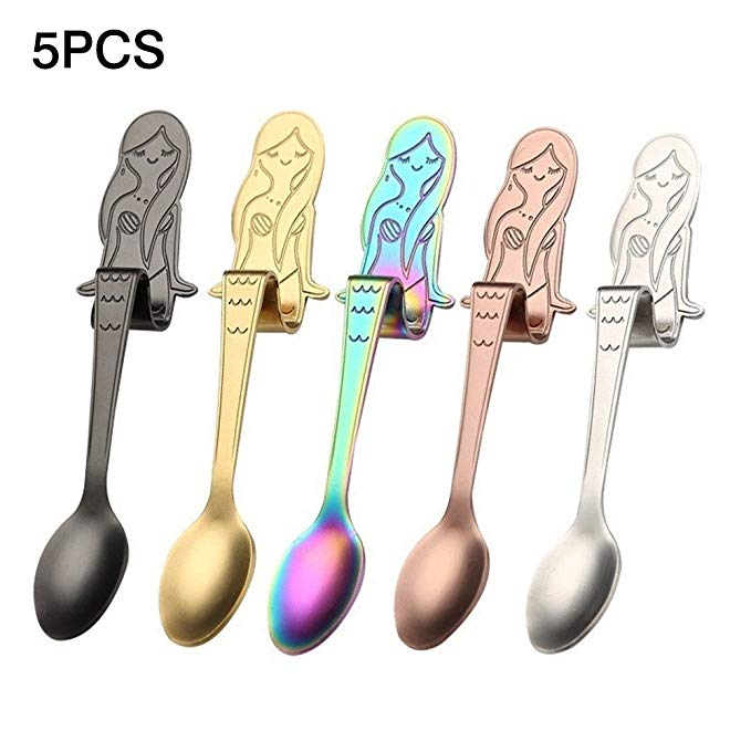 WEISIPU Cute Mermaid Coffee Spoon Set for Coffee Tea Dessert Drink Mixing Milkshake Spoon Tableware,Pack of 5, Stainless Steel Multicolor