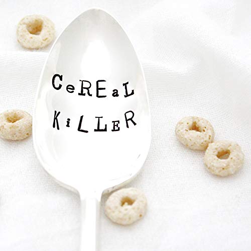 Cereal Killer in Ransom Note Style Lettering, Hand Stamped Vintage Spoon by Milk & Honey.