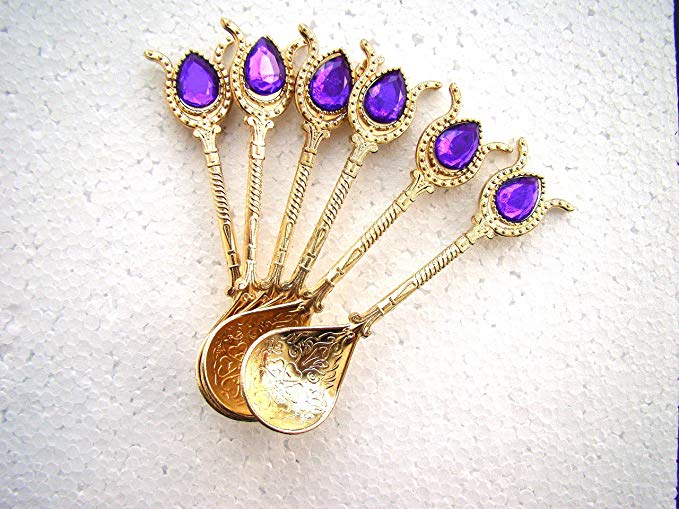 Handmade Turkish Ottoman Style Copper Teaspoons for Coffee Tea Sugar 6 pcs -- Gold / Purple