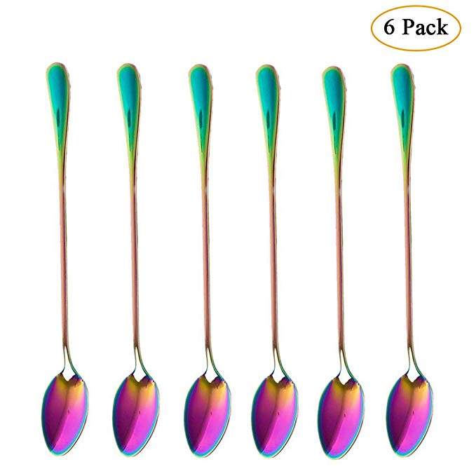 Stainless Steel Coffee Teaspoons, niceEshop(TM)Set of 6 Rainbow Color Coffee Spoon Long-Handle Ice Cream Desert Spoon Cocktail Stir Spoons Mixing Spoon, Pointed Head