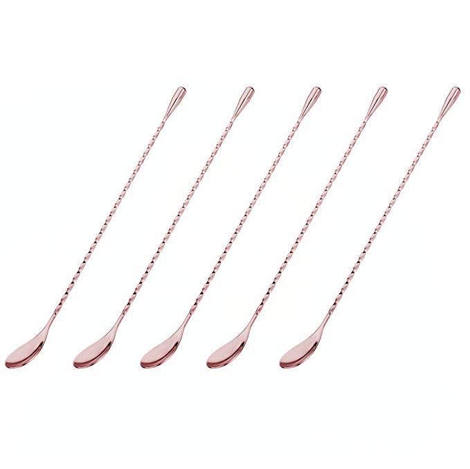 12 Inch/30cm Stainless Steel Mixing Spoon, Spiral Pattern Bar Cocktail Shaker Spoon-5 Pack (Rose Gold)