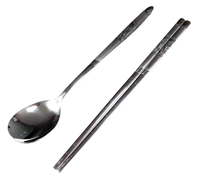 5 Sets Traditional Korean Tableware Cutlery Stainless Steel Rose Carved Spoon and Chopstick sujeo