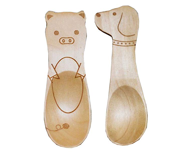 PANDA SUPERSTORE Set of 2 Cute Animals Natural Wood Spoons Jam Spoon(Dog & Pig)