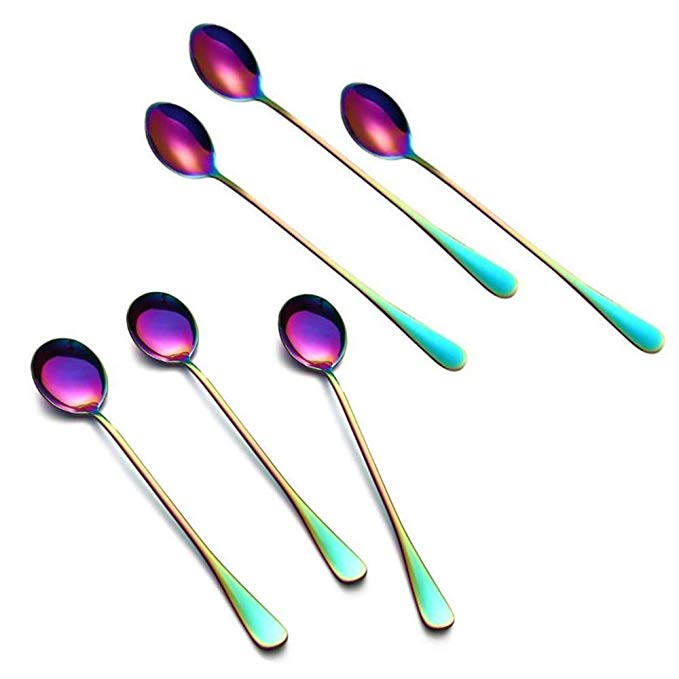 Koolemon 6pcs Stainless Steel Iridescence Rainbow Coffee Spoons Mixing Spoons Set Long-Handle Cream Iced Spoons Cocktail Stir Spoons,Multicolor