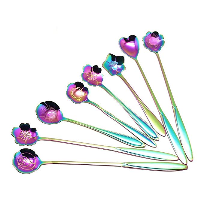 SelfTek 8Pcs Flower Spoon Set, 2 Different Size Colorful Stainless Steel Teaspoons Rainbow Coffee Stirring Spoon