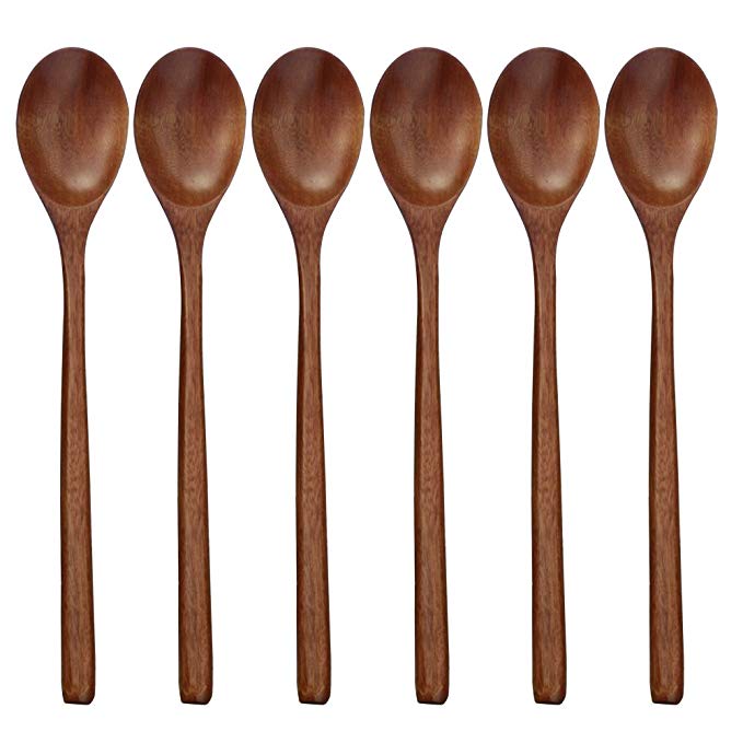 Wooden Spoons, 6 Pieces Wood Soup Spoons for Eating Mixing Stirring Cooking, Long Handle Spoon with Japanese Style Kitchen Utensil, ADLORYEA Eco friendly Table Spoon