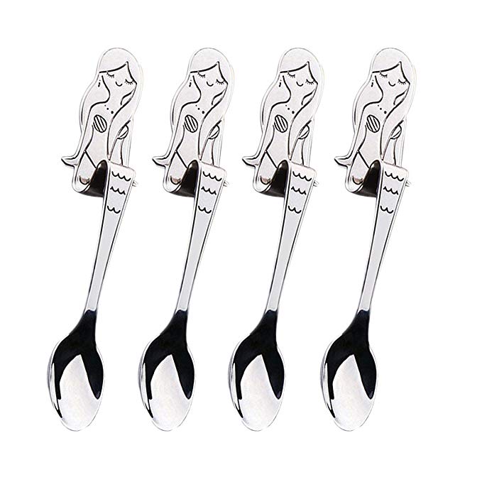 Bloomeet 4 PCS Stainless Steel Spoon Mermaid Designed Coffee Spoon Demitasse Dessert Ice Cream Spoons Teaspoon, Souvenir collection