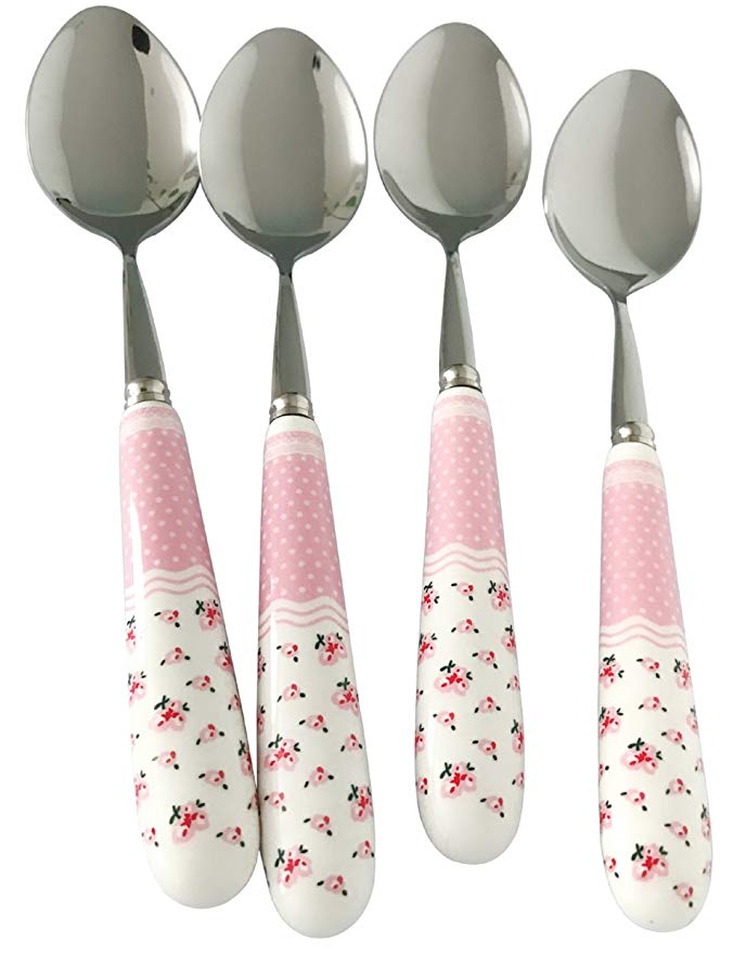 FREELOVE Pastoral Ceramic Handle Stainless Steel Flatware Sets Spoons Forks Whisk Shovel Ladle (4, 7.5'' Medium Spoon)