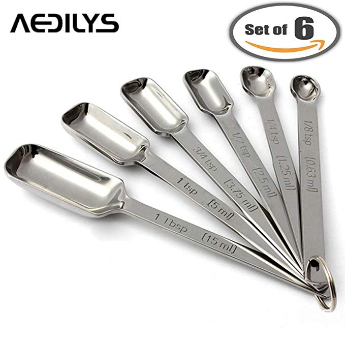 AEDILYS Set of 6 Best Measuring Spoons for Dry & Liquid Ingredients - Narrow Shape to Fit in Spice Jars - Perfect for Baking & Cooking -Professional Quality with Engraved U.S & Metric Sizes (6 Piece)