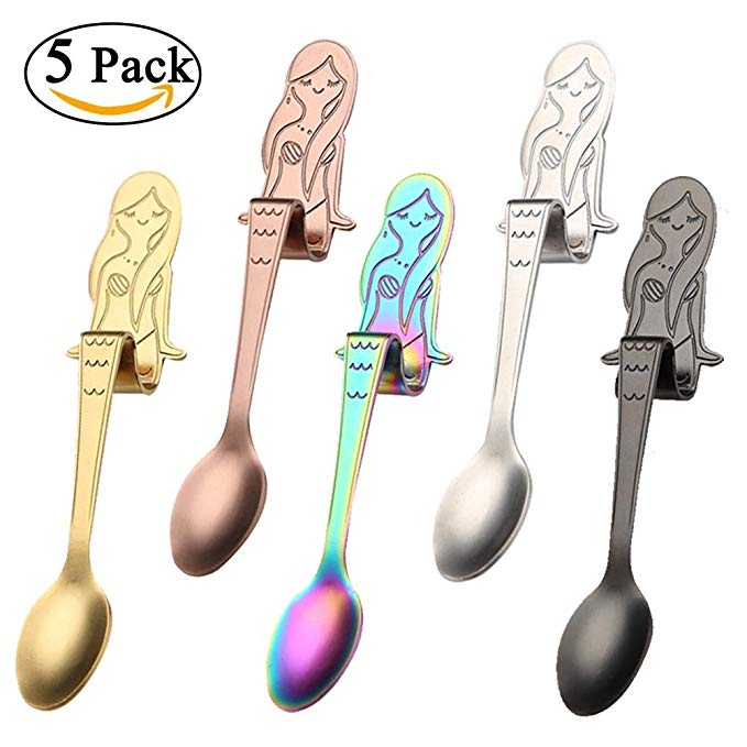 Lwestine 5Pcs Stainless Steel Coffee Spoon, Mermaid Spooon, Hanging Cup Spoon Kitchen Dinner Gadget, With Packing Bag