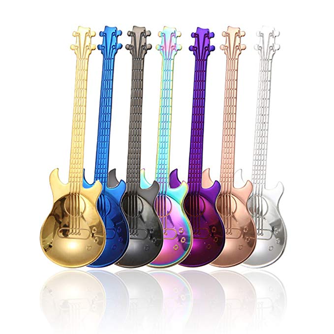 Guitar Spoon Set, Colorful Stainless Steel Tea Dinner Table Mixing Spoon Kit, Dessert Coffee Sugar Spoon for Ice-cream, Milkshake, Coffee and More, 4.7 Inches, Set of 7