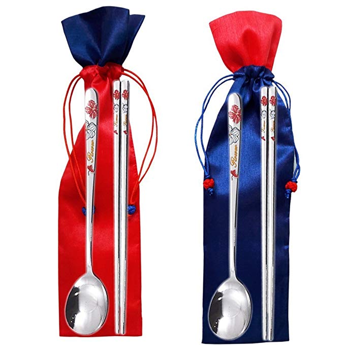 2 sets Korean Traditional Cutlery Flower Printed Stainless Steel Spoons and Chopsticks with Pouch