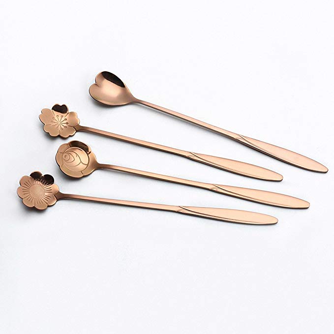 YUPIN Stainless Steel Tableware Creative Flower Coffee Spoon, Stirring Spoon, Sugar Spoon, Stir Bar Spoon, Mixing Spoon, Ice Tea Spoon, Ice Cream Spoon, 4-Piece Long Handle Spoons (Rose Gold)