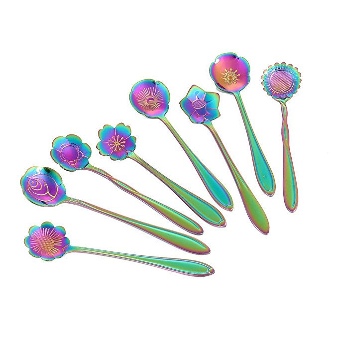 Flower Spoon Set, niceEshop(TM)Stainless Steel Teaspoon Colorful Coffee Spoon Tea Spoon Mixing Spoon Sugar Spoon, Set of 8, Rainbow