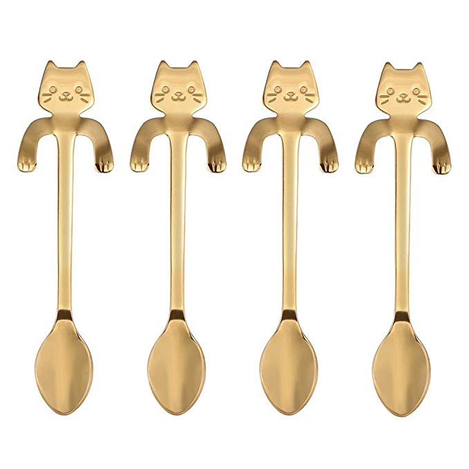 Cat Spoon, Auoker 4Pcs Stainless Steel Coffee Spoon Teaspoon Sugar Spoon Ice Cream Desert Spoon Hanging Cup Soup, Gold