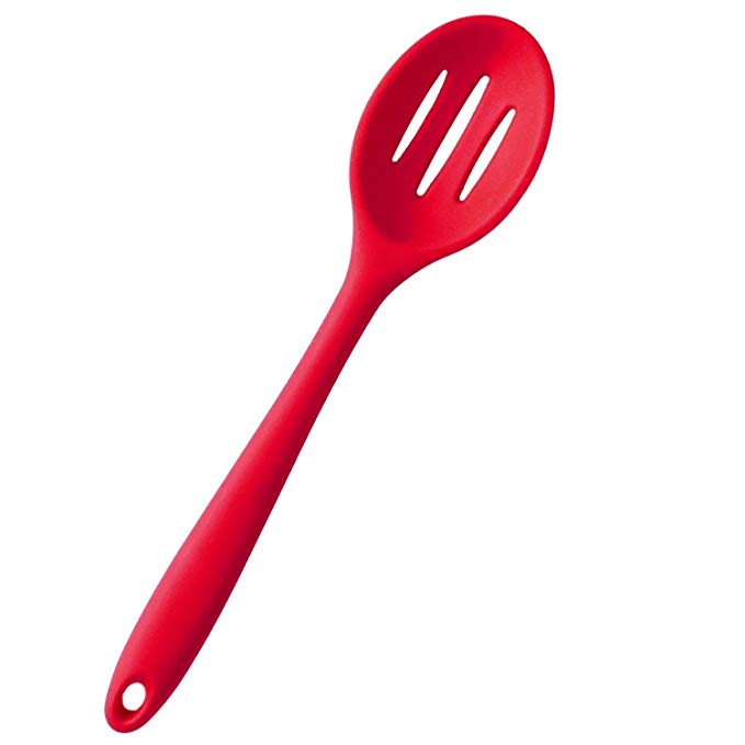 Generic Silicone Slotted Spoon with Hygienic Solid Coating Bonus 101 Cooking Tips Cherry Red