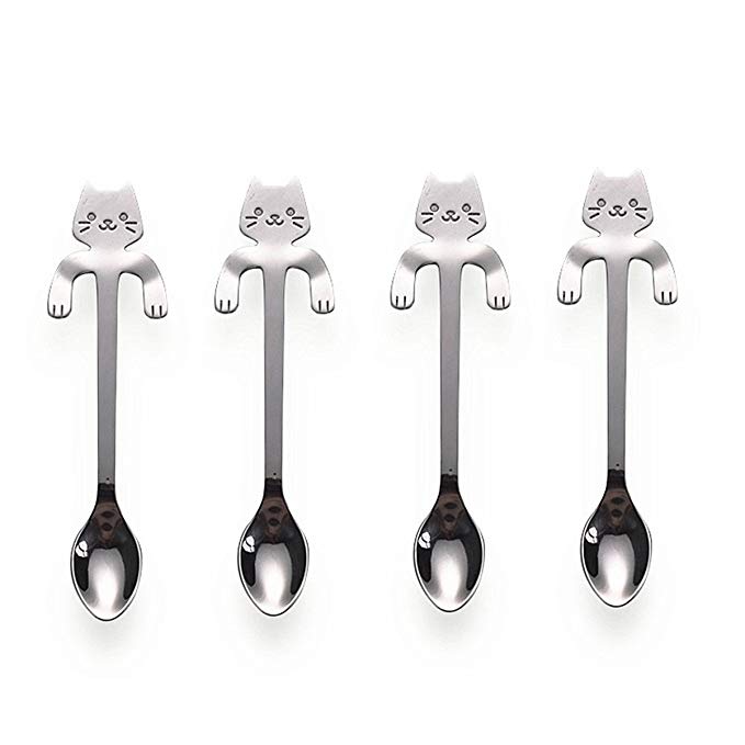 CH 4-pcs Lovely Cat Stainless Steel Hanging Spoons Dessert Spoons Tea Coffee Scoops (4.5-inch in length)