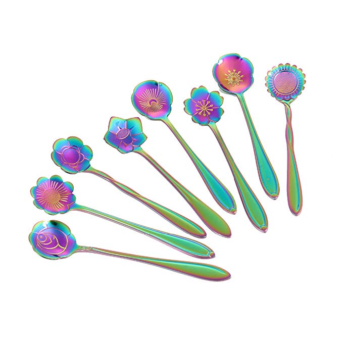 Flower Spoon Set,Stainless Steel Teaspoon Colorful Coffee Spoon Tea Spoon Mixing Spoon Sugar Spoon, Creative premium teaspoon,1 Set contain 8 Different Pattern，Rainbow