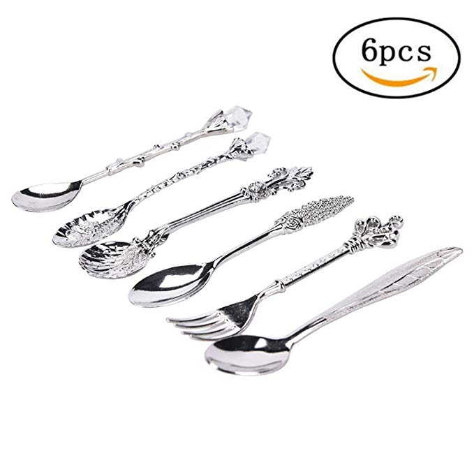 LINFON 6pccs/set Dessert Spoons,Coffee SpoonTeaspoon,Vintage Royal Style Metal Carved Fruit Dessert Ice Cream Spoons for Kitchen Dining Bar