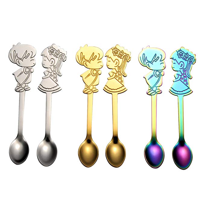 6Pcs Stainless Steel Coffee Spoon, Cute Couple Cartoon, Tea Soup Sugar Dessert Appetizer Seasoning Bistro Spoon, Hanging Cup Multi-functional Kitchen Tools Set