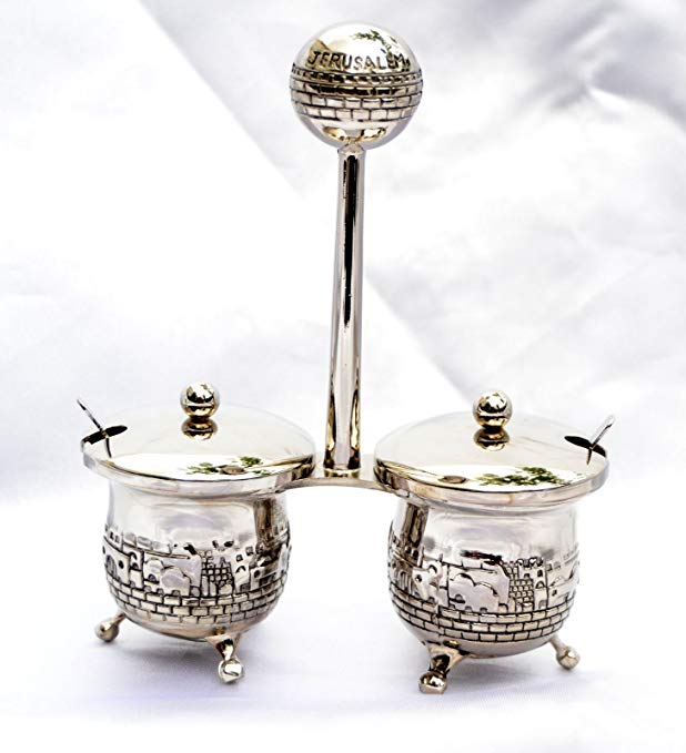 Shabbat Salt & Pepper Dish Jerusalem Israel Nickel Judaism W-2 Small Spoons