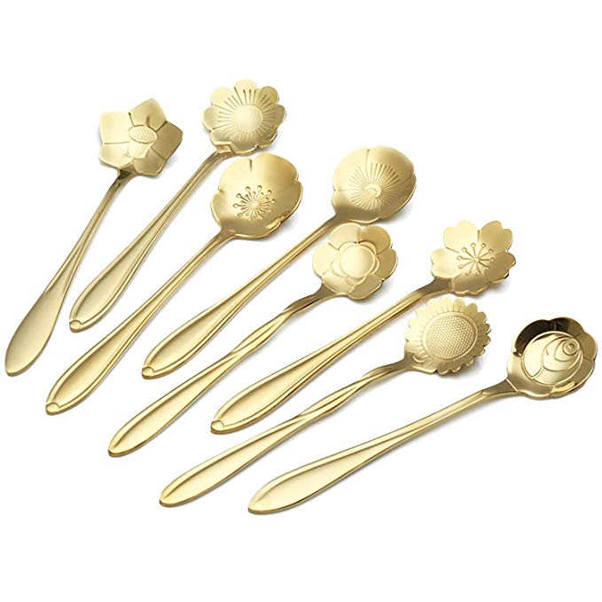 8Pcs Mini Japanese Style Flower Shape Stainless Steel Tableware Coffee Tea Stirring Stirrer Spoons Sugar Ice Cream Dessert Jelly Snacks Spoons Gift Kitchen Dining Flatware Set Golden