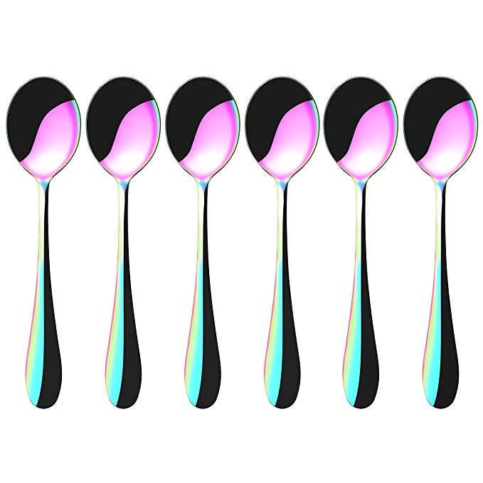 6 Inch Stainless Steel Colorful Rainbow Tea Spoons, Metal Round Dessert Mixing Stirring Coffee Spoon, Ice Cream Cocktail Soup Tableware Spoons, Mirror Polish, Set of 6