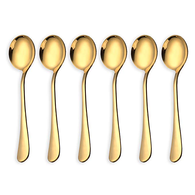 Shining Golden Soup Spoons, Stainless Steel Round Spoons, Set of 6 (7.31 inch)