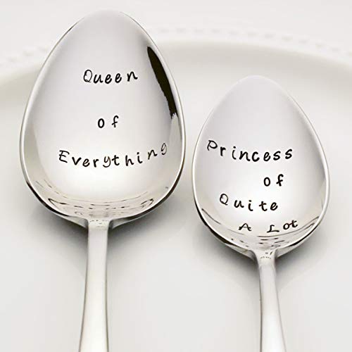 Queen of Everything / Princess of Quite A Lot - Stainless Steel Stamped Spoon Set of 2 | Stamped Silverware | Kitchen Gifts for Mom | Mother and Daughter Valentine Gift Set