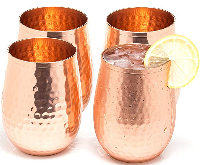 Copper wine glasses set of 4 – 19oz gleaming 100% solid hammered copper stemless wine cups – a perfect gift set for men and women – great copper tumblers for red or white wine and Moscow mules.