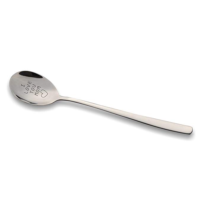 Engraved Spoon I Love You Mom 8inches Stainless Steel Tableware with Messages for Coffee and Tea Stirring and Funny Gifts for Mom Families Lovers (Mom 1pc)