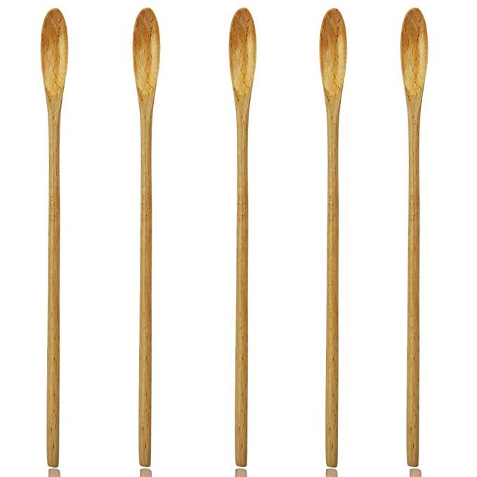 Spoon Long, AOOSY 10 Pieces 100% Natural Beech Wood Long Handle Drink Spoons Cocktail Stirrer Swizzle Sticks