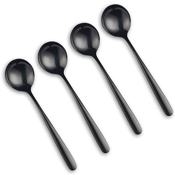 18/10 Stainless Steel Spoons, Titanium Plated Flatware Food Grade spoon Thicken Soup spoon a set of 4 Spoons (Black)