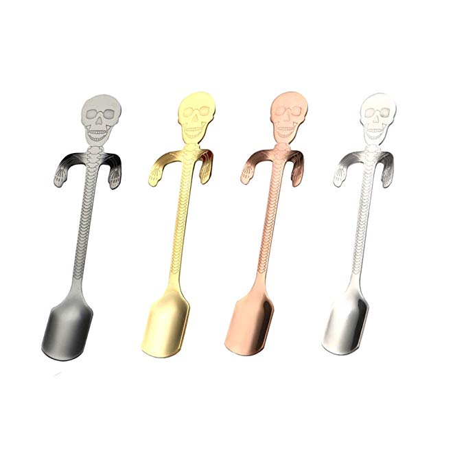 Chige Skull Coffee Spoons, Tea Stainless Steel Mixing Scoops, Fruit Juice Drinks Ice Cream, Soup, Milkshake, Dessert, Cocktail Stirring Spoons, for Bar, Home, Restaurant, Party, Set of 4 Packs