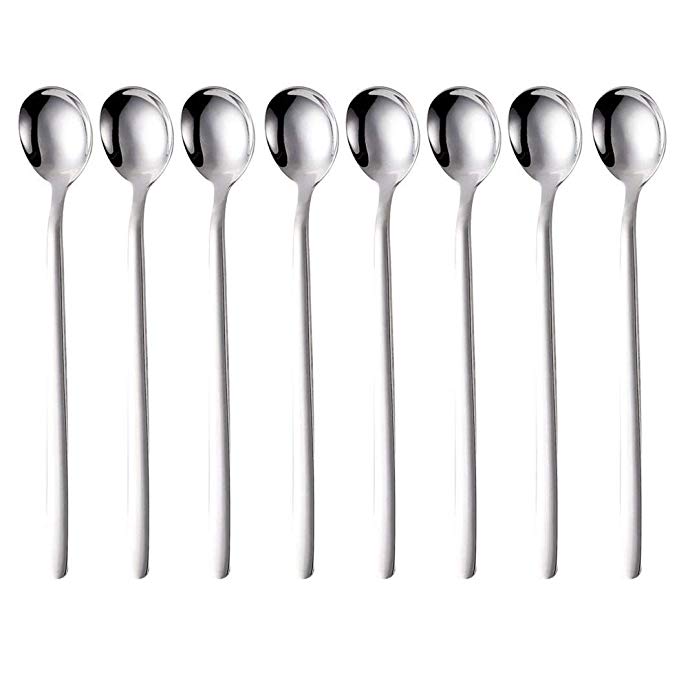 7.5 Inch Long Handle 18/8 Stainless Steel Ice Cream Spoon, Iced Tea Spoon, Coffee Spoon, Cocktail Stirring Spoons, Set of 8,Color Sliver