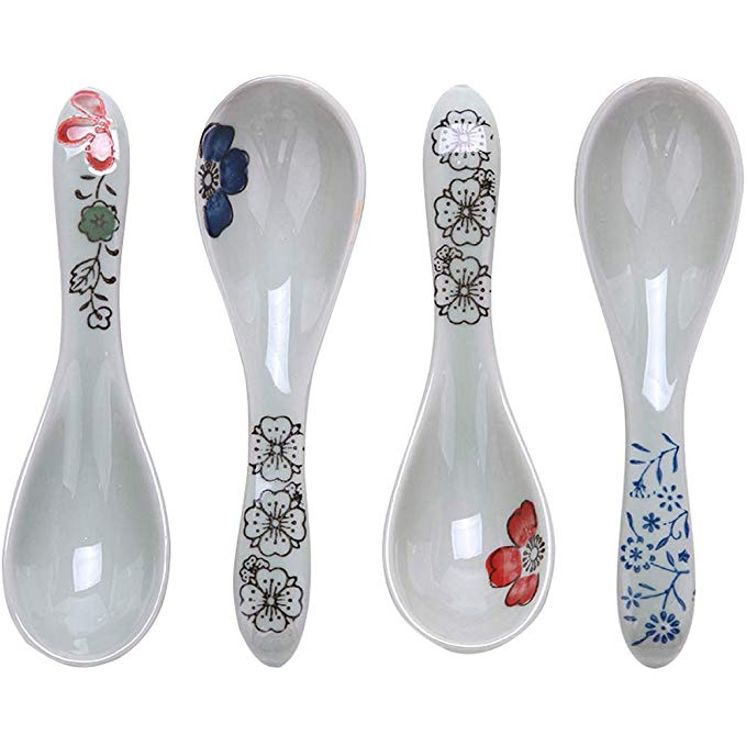 Longpro Ceramics Soup Spoons Set Hand Painted Flower Glaze Porcelain Chinese Japanese Asian Rice Spoons Appetizer Tableware Meal Partner (Flower Fairy)