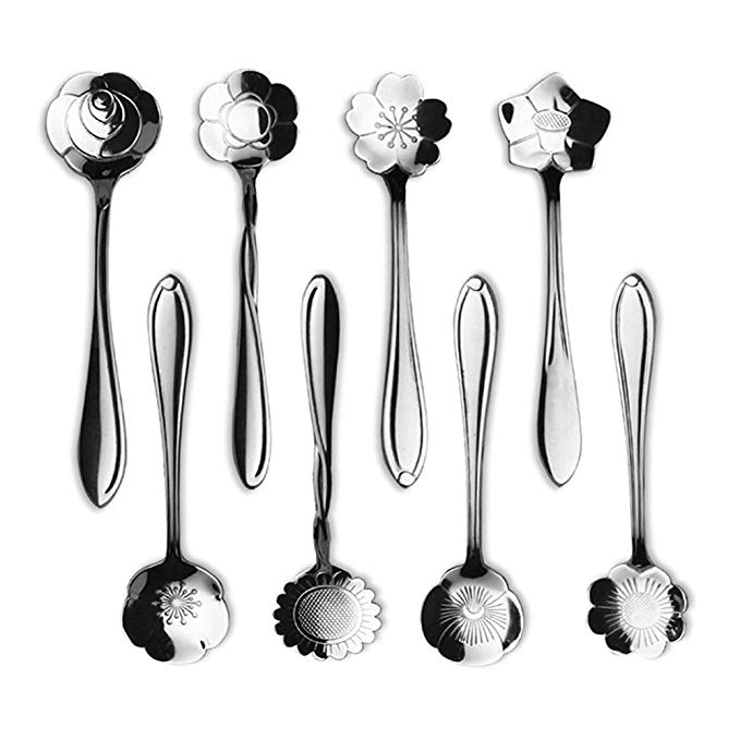 ERCRYSTO Stainless Steel Tableware Creative Flower Coffee Spoon, Stirring Spoon, Sugar Spoon, Stir Bar Spoon, Mixing Spoon, Tea Spoon, Ice Tea Spoon, Ice Cream Spoons,1 Set contain 8 Diffient Pattern