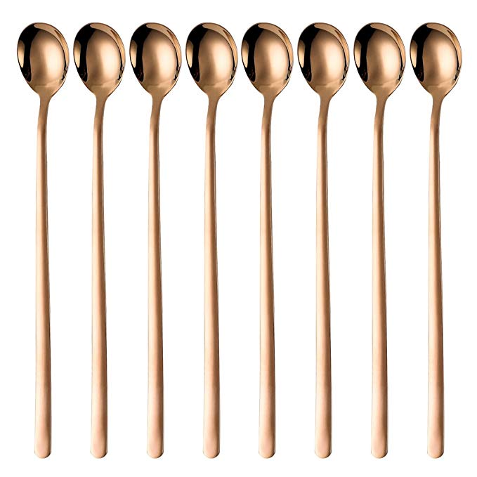 Onlycooker 8x 9-Inch Long Handle Spoon 18/10 Stainless Steel Ice Cream Cocktail Teaspoons Coffee Soup Tea Spoons Color Rose Gold