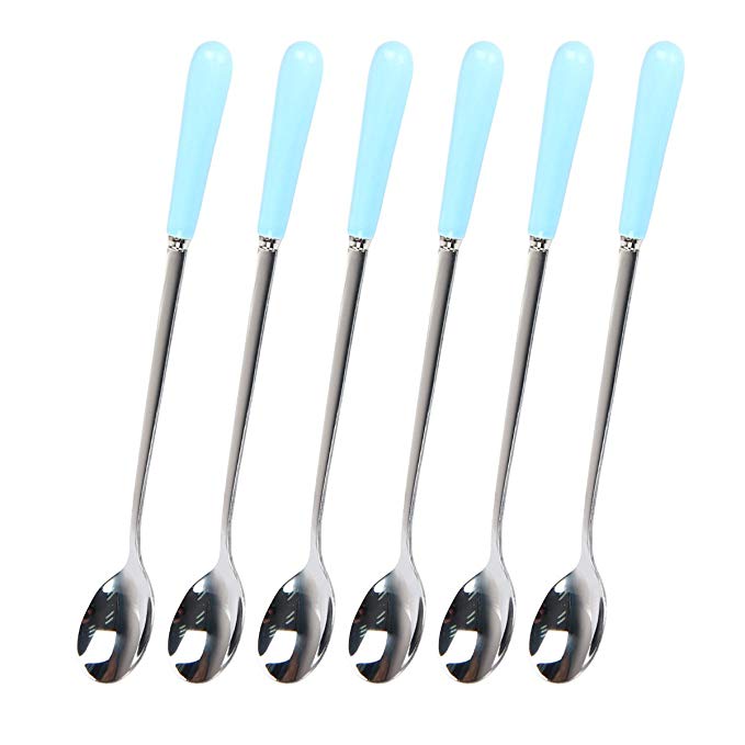 bouti1583 Set of 6 Stainless Steel Spoons for Iced Tea Coffee Cocktail Stirring Tableware with Ceramic Long Handle 7.6