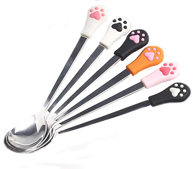 Silicone head cat paw stainless steel long handle stirs spoon soup spoonful of creative coffee stainless steel spoon