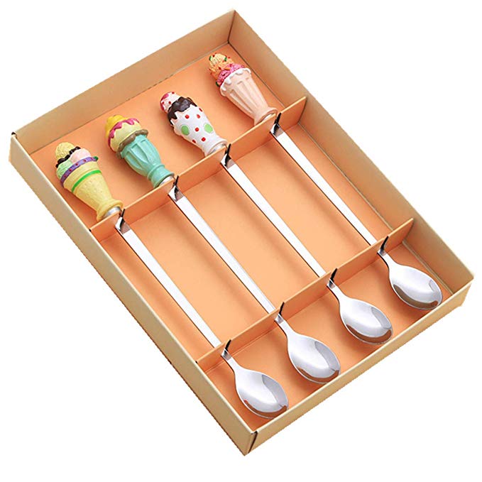 B&S FEEL Stainless Steel Coffee Spoon Ice Cream Spoon Long Ice Spoon with Resin Handle Tableware Wedding Gifts, Set of 4