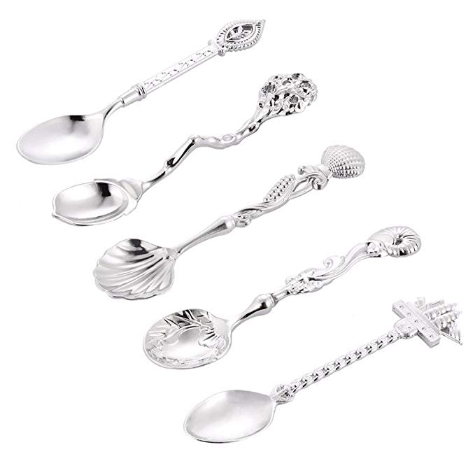 5 Pieces Coffee Spoon Set - Vintage European American Style Alloy Coffee Dessert Spoon Teaspoon Ice-cream Spoon Unique for Gift Collection (SILVER)