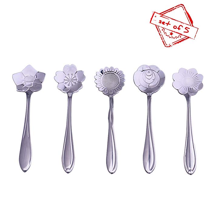 Cozyswan Stainless Steel Floral Spoons for Grapefruit, Ice Cream, Tea, Small Coffee, Sugar, Jelly, Cake, Oatmeal, Espresso and Dessert - Silver Spoons, Set of 5