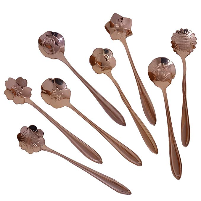 CHICHIC Set of 8 Flower Coffee Spoon Tea Spoon Dessert Spoons Scoop Stainless Steel Tableware Stirring/Sugar/Stir/Bar/Mixing/Ice Cream Spoon for Kitchen Dining Bar, Condiment or Spice, Rose Gold