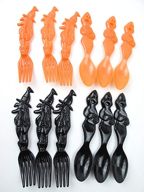 24 Pcs Halloween Party Plastic Flatware 12 Witch Forks 12 Ghost Spoons 12 Orange & 12 Black