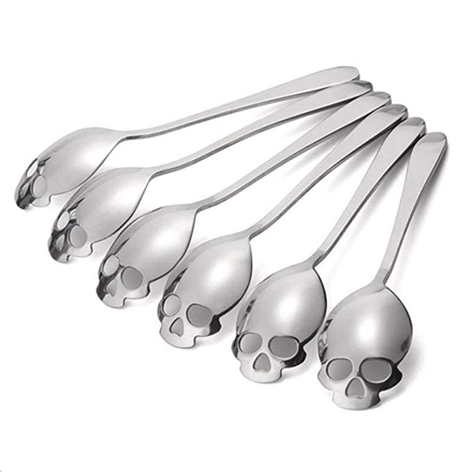 ELEFOCUS Stainless Steel Skull Sugar Spoon Tea and Coffee Stirring Spoon - Set of 6 - Silver